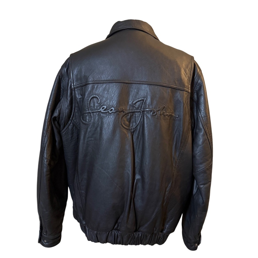 Sean John Leather Bomber Jacket Mens Large Black Embossed Logo Streetwear Coat